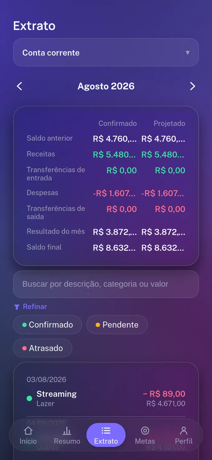 Extrato: resumo do mês, busca e lançamentos agrupados por data.