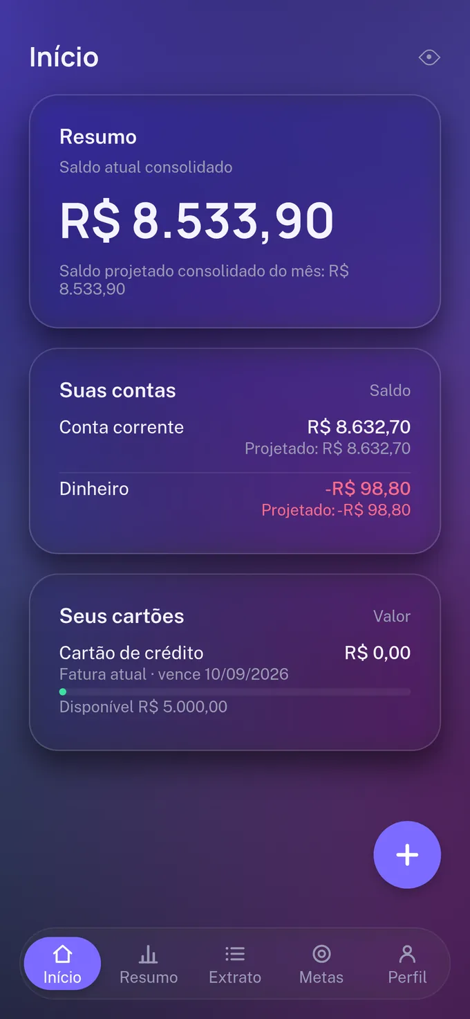 Tela de início do aplicativo, mostrando saldo consolidado, contas e cartões.